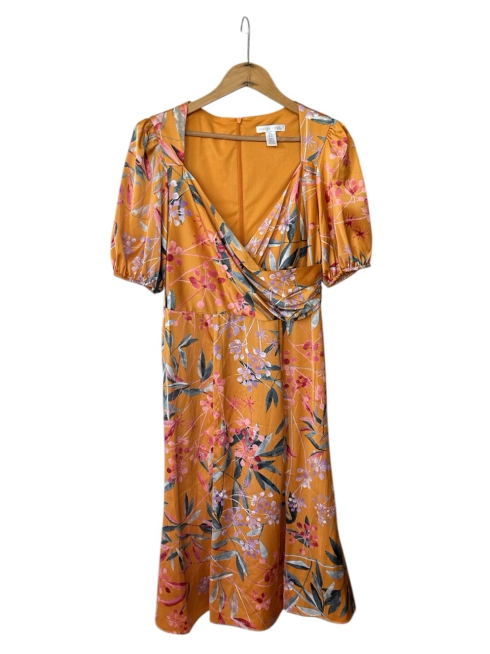 London Times | Women’s Orange/Multi Floral Satin Short Sleeve Midi Dress Size 6